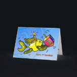 First Hanukkah CARD funny cute fish with dreidel<br><div class="desc">HAPPY 1ST HANUKKAH is a funny cute and fun colourful Greeting Card. Sparky yellow fish is holding a dreidel and wearing a candle like crown :) It's a perfect card for a Perfect Hanukkah. This gorgeous card has matching range of gifts such as postage, Fridge magnets, Tea/Coffee mugs, Stickers T-shirts...</div>