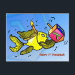 First Hanukkah funny cute fish with dreidel CARD<br><div class="desc">HAPPY 1ST HANUKKAH is a funny cute and fun colourful Greeting Card. Sparky yellow fish is holding a dreidel and wearing a candle like crown :) It's a perfect card for a Perfect Hanukkah. This gorgeous card has matching range of gifts such as postage, Fridge magnets, Tea/Coffee mugs, Stickers T-shirts...</div>