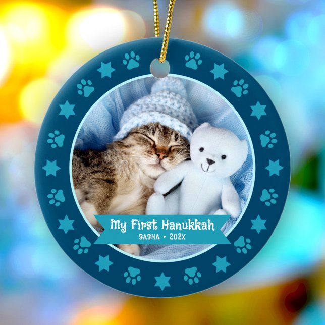 First Hanukkah Pet Kitten Photo Paws Stars Navy Ceramic Ornament (Creator Uploaded)