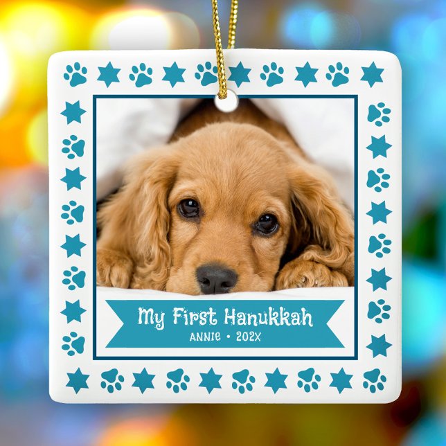 First Hanukkah Pet Puppy Photo Turquoise Paws Cute Ceramic Ornament (Creator Uploaded)