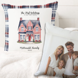 First Holidays New Home Rustic Lux Plaid Navy Red Throw Pillow