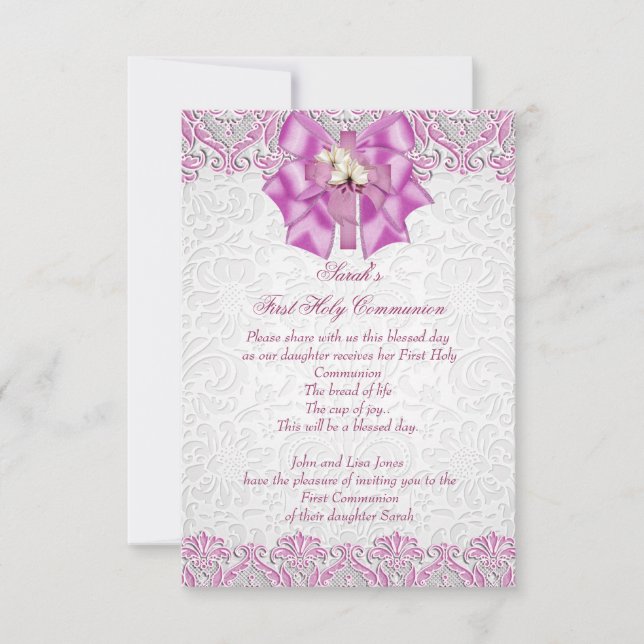 First Holy Communion 1st Cross Girls Lilac Pink Invitation (Front)