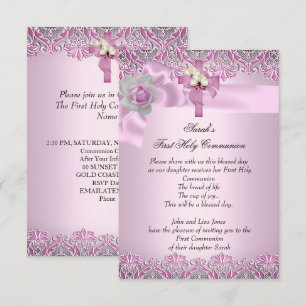 First Holy Communion 1st Cross Girls Pretty Pink Invitation