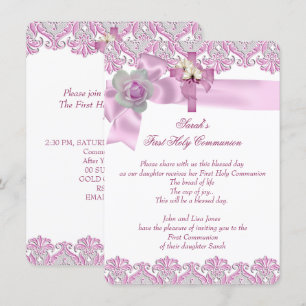 First Holy Communion 1st Cross Girls White Pink 2 Invitation