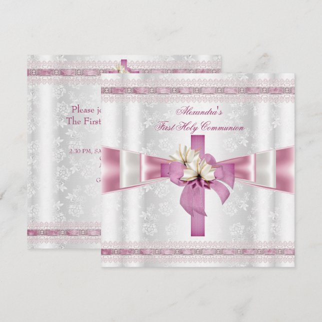 First Holy Communion 1st Cross Girls White Pink Invitation (Front/Back)