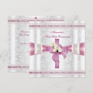 First Holy Communion 1st Cross Girls White Pink Invitation