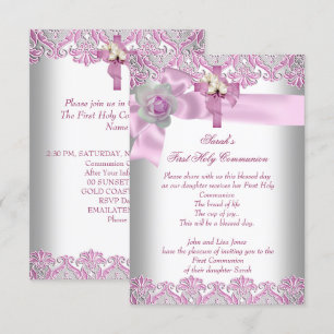 First Holy Communion 1st Cross Girls White Pink Invitation