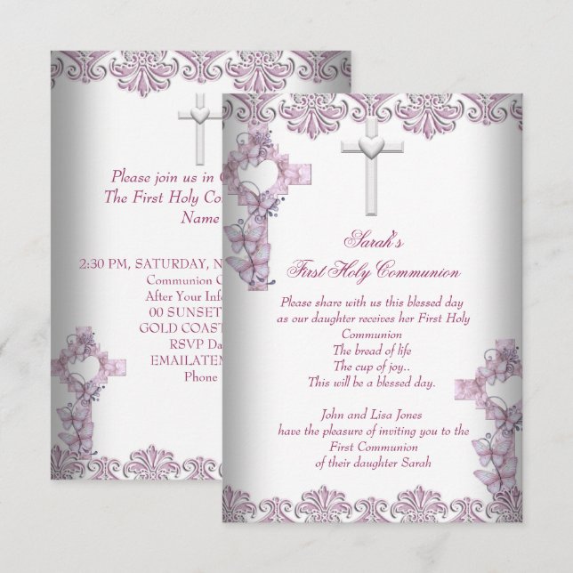 First Holy Communion 1st Cross Girls White Pink Invitation (Front/Back)