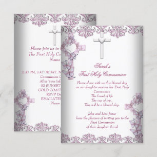 First Holy Communion 1st Cross Girls White Pink Invitation