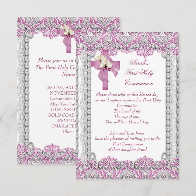 First Holy Communion 1st Cross Girls White Pink Invitation (Front/Back)