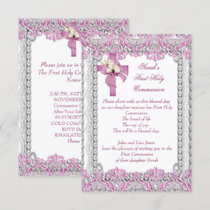 First Holy Communion 1st Cross Girls White Pink Invitation