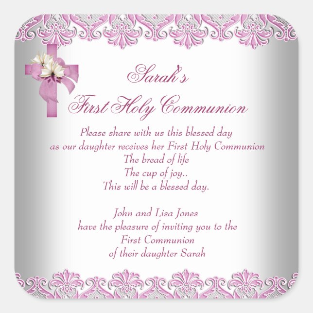 First Holy Communion 1st Cross Girls White Pink Square Sticker (Front)