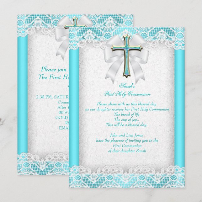 First Holy Communion 1st Girls Cross Aqua Teal 2 Invitation (Front/Back)