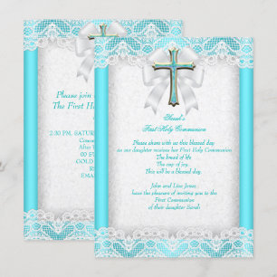 First Holy Communion 1st Girls Cross Aqua Teal 2 Invitation