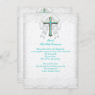 First Holy Communion 1st Girls Cross Aqua Teal 3 Invitation