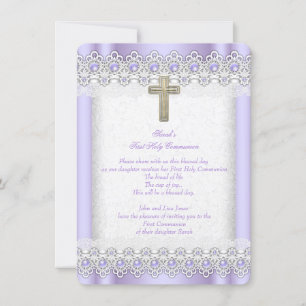 First Holy Communion 1st Girls Cross Lavender Gold Invitation