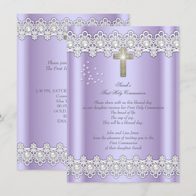 First Holy Communion 1st Girls Cross Lavender Lace Invitation (Front/Back)