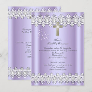 First Holy Communion 1st Girls Cross Lavender Lace Invitation