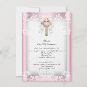 First Holy Communion 1st Girls Cross Pink 8 Invitation