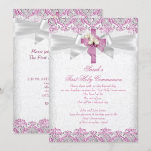 First Holy Communion 1st Girls Cross Pink Lace 2 Invitation