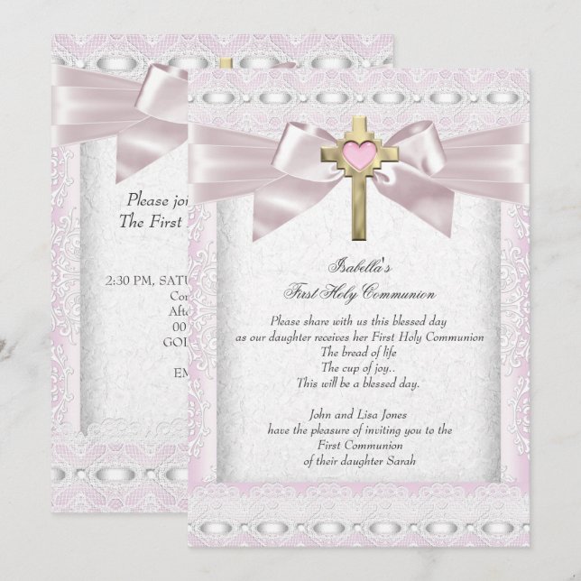 First Holy Communion 1st Girls Cross Pink Lace 3 Invitation (Front/Back)