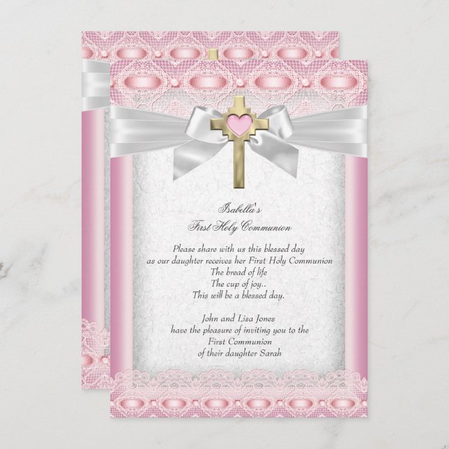 First Holy Communion 1st Girls Cross Pink Lace Invitation (Front/Back)