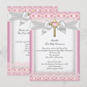 First Holy Communion 1st Girls Cross Pink Lace Invitation
