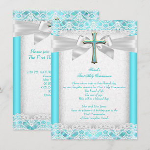 First Holy Communion 1st Girls Cross Teal 2 Invitation