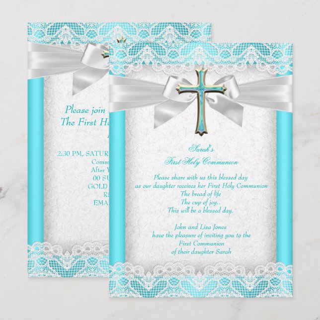 First Holy Communion 1st Girls Cross Teal 2 Invitation (Front/Back)