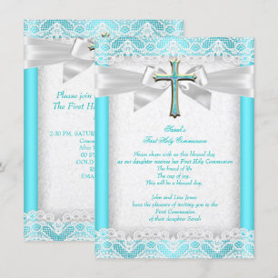 First Holy Communion 1st Girls Cross Teal 2 Invitation