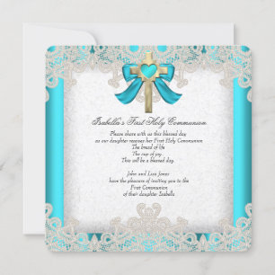 First Holy Communion 1st Girls Cross Teal 3a Invitation