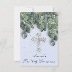 First Holy Communion Babtism Christian Cross Blue Invitation
