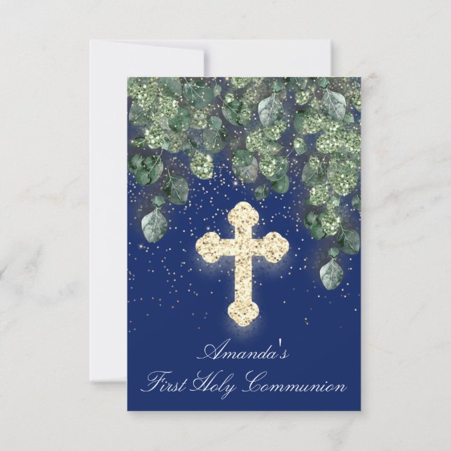 First Holy Communion Babtism Christian Cross Navy Invitation (Back)