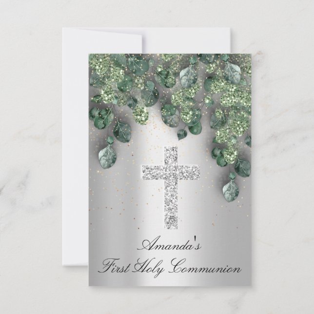 First Holy Communion Babtism Christian Cross Silve Invitation (Back)