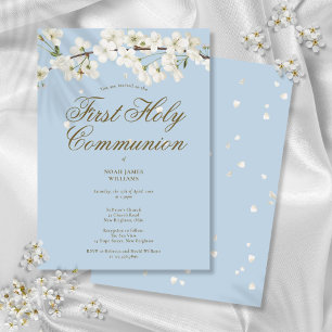 First Holy Communion Blossom Floral Elegant Blue Invitation