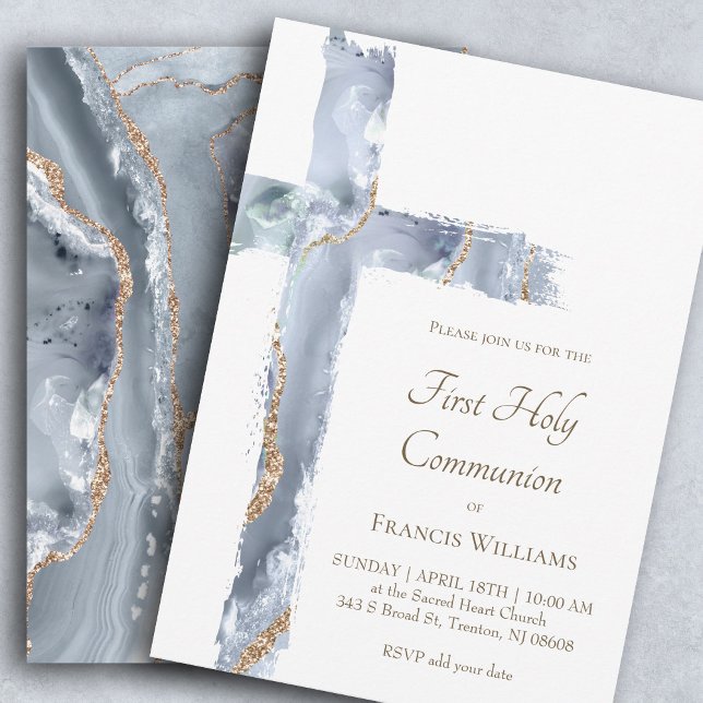 First Holy Communion blue agate Holy Cross Invitation (Creator Uploaded)
