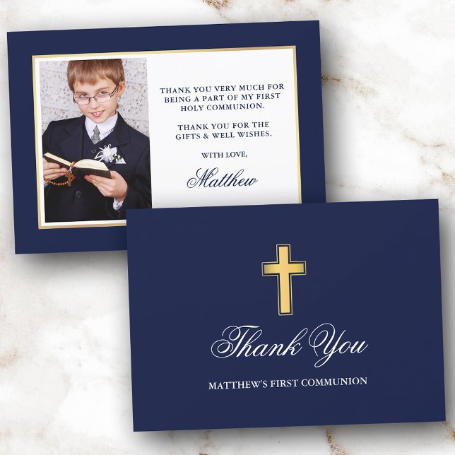 First Holy Communion Blue and Gold Photo Thank You Card (Customize to change text size, color or text style.)