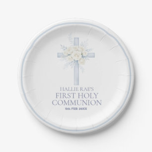 First Holy Communion Blue Floral Cross Paper Plate