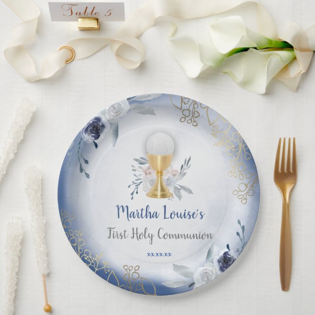 First Holy Communion blue flowers Paper Plate (Wedding)
