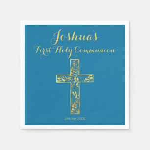First Holy Communion Blue gold cross name boy   Na Napkin