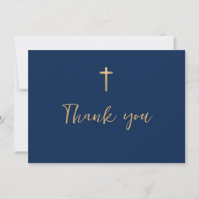 First Holy Communion Blue Gold Cross Thank You Card (Front)
