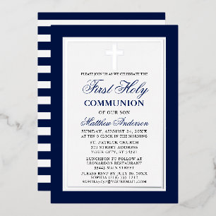 First Holy Communion Blue Stripes Cross Silver