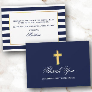 First Holy Communion Blue Stripes Gold Thank You Card