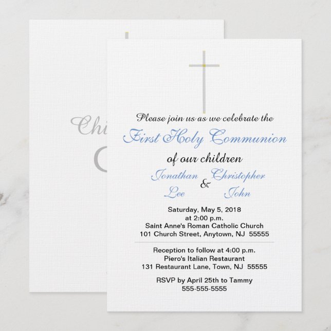 First Holy Communion Blue Twins Invitations (Front/Back)