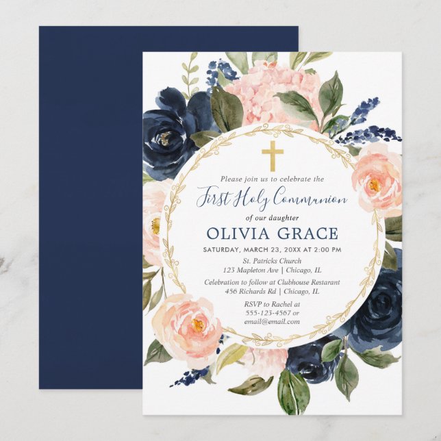 First Holy Communion blush pink navy blue girl Invitation (Front/Back)