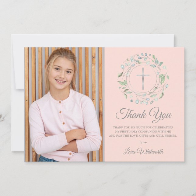 First Holy Communion Blush Pink Photo Silver Thank You Card (Front)