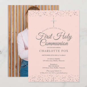 First Holy Communion Blush Pink Silver Photo Invitation