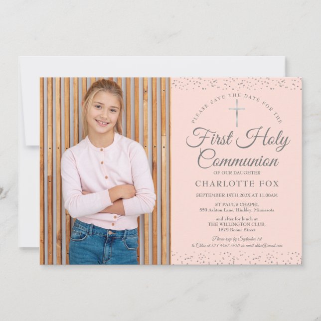 First Holy Communion Blush Pink Stardust Photo Save The Date (Front)