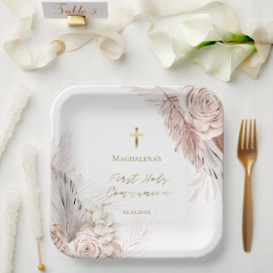 First Holy Communion boho flowers Paper Plate