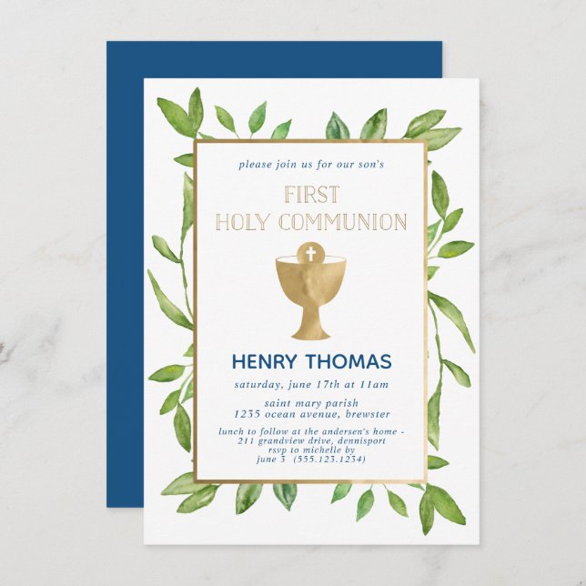 First Holy Communion Botanical Greenery Watercolor Invitation (Front/Back)